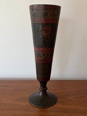 Global Eclectic Vintage India Etched Brass Chalice Vase Boho Footed Accent